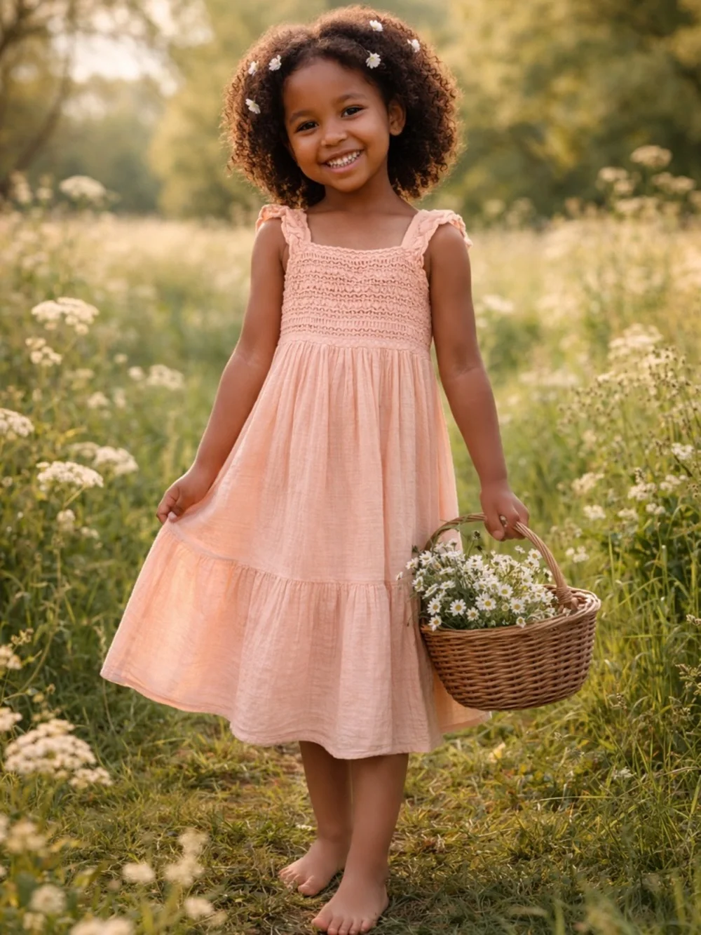 Girls Peach Boho Dress XS 4/5 Cotton Gauze Lace Sleeveless Summer Cottagecore